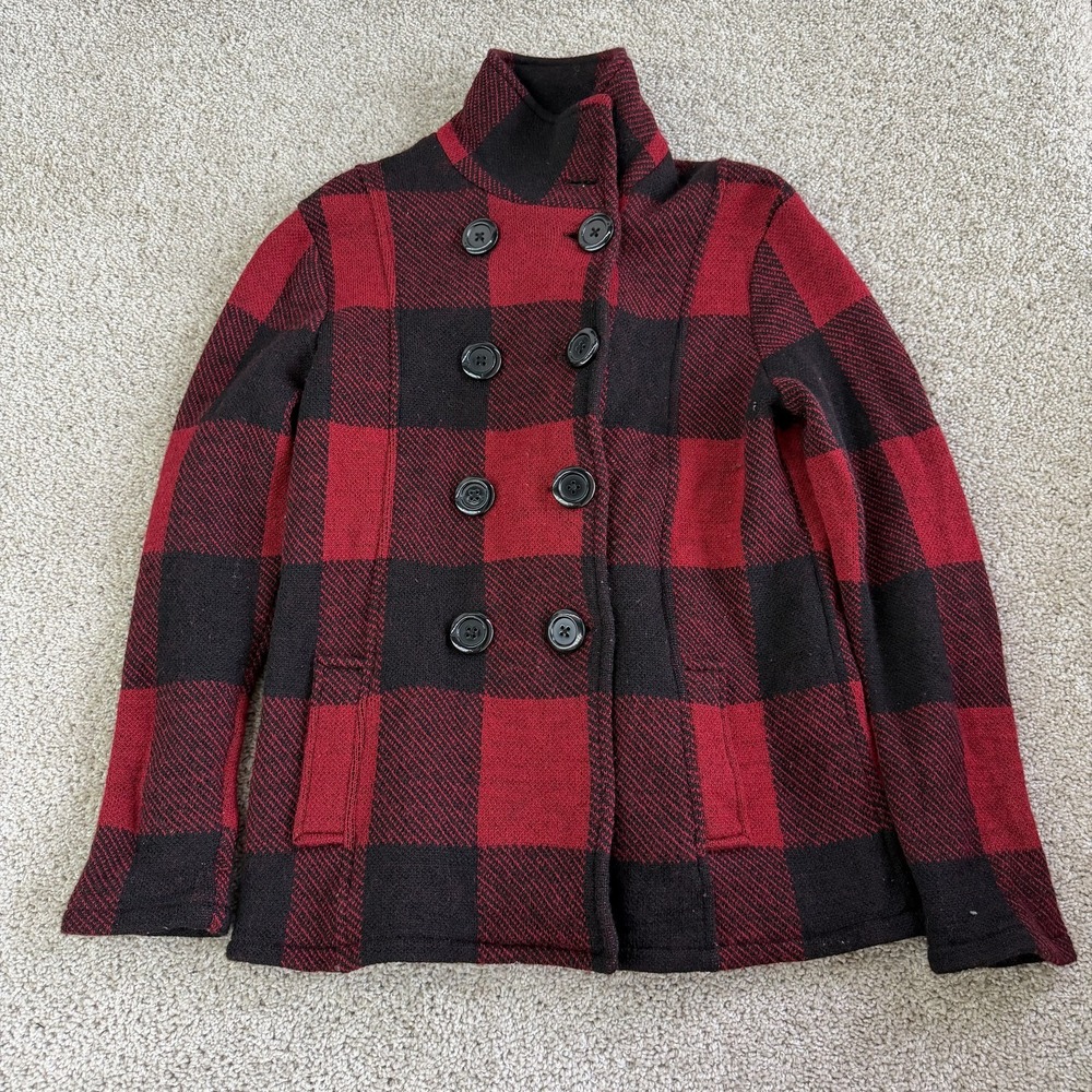 Keren Hart Coat Womens M Red Wool Plaid Pea Double Breasted Collared Pockets